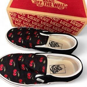 Vans Black and Red Cherry Slip-On Sneakers